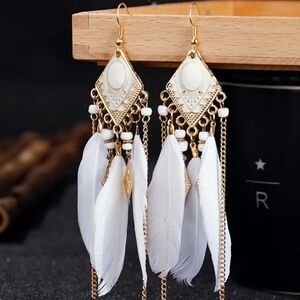 🌺White Feather Beaded Earings Feather Jewelry Boho Accessories